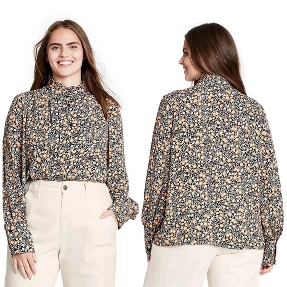 Nili Lotan for target Floral Print Long Sleeve Pleated Blouse Black Yellow XXS - Picture 2 of 10